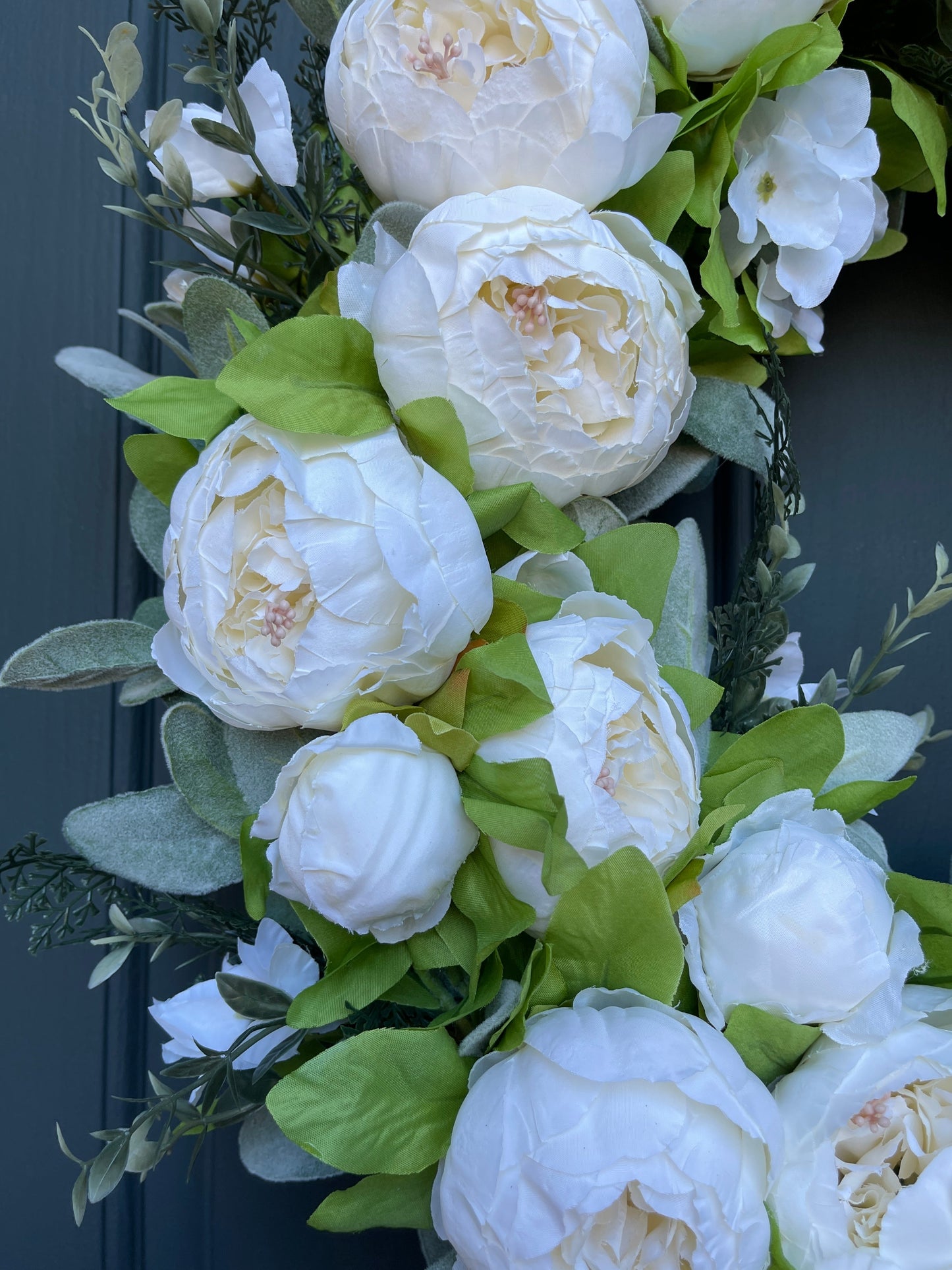 White Peony and Lambs Ear Spring Wreath