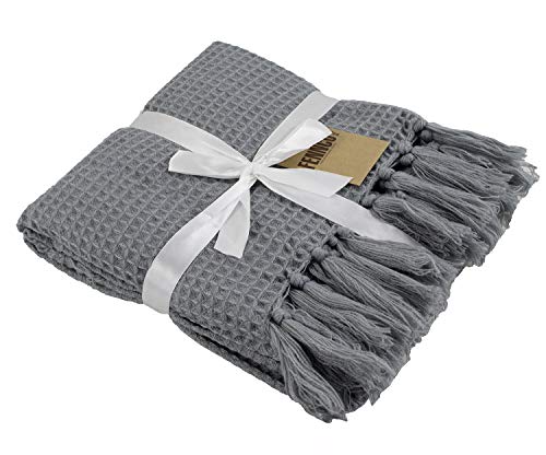 Fennco Styles Classic Waffle Weave Tassel Trim 50 x 60 Inch Throw - Grey Throw Blanket for Couch, Bedroom and Living Room Décor