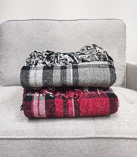 Fennco Styles Chenille Woven Plaid Tassel Throw Blanket 50" W x 60" L - Grey Soft Blanket for Bed, Couch, Sofa, Home, Office and Holidays Décor
