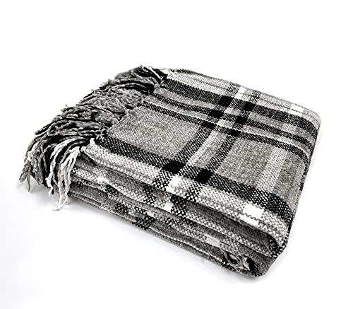 Fennco Styles Chenille Woven Plaid Tassel Throw Blanket 50" W x 60" L - Grey Soft Blanket for Bed, Couch, Sofa, Home, Office and Holidays Décor