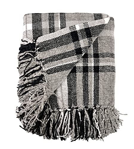 Fennco Styles Chenille Woven Plaid Tassel Throw Blanket 50" W x 60" L - Grey Soft Blanket for Bed, Couch, Sofa, Home, Office and Holidays Décor