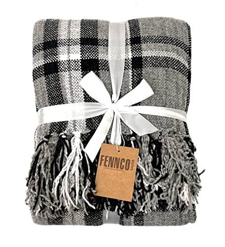 Fennco Styles Chenille Woven Plaid Tassel Throw Blanket 50" W x 60" L - Grey Soft Blanket for Bed, Couch, Sofa, Home, Office and Holidays Décor