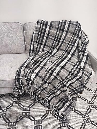 Fennco Styles Chenille Woven Plaid Tassel Throw Blanket 50" W x 60" L - Grey Soft Blanket for Bed, Couch, Sofa, Home, Office and Holidays Décor