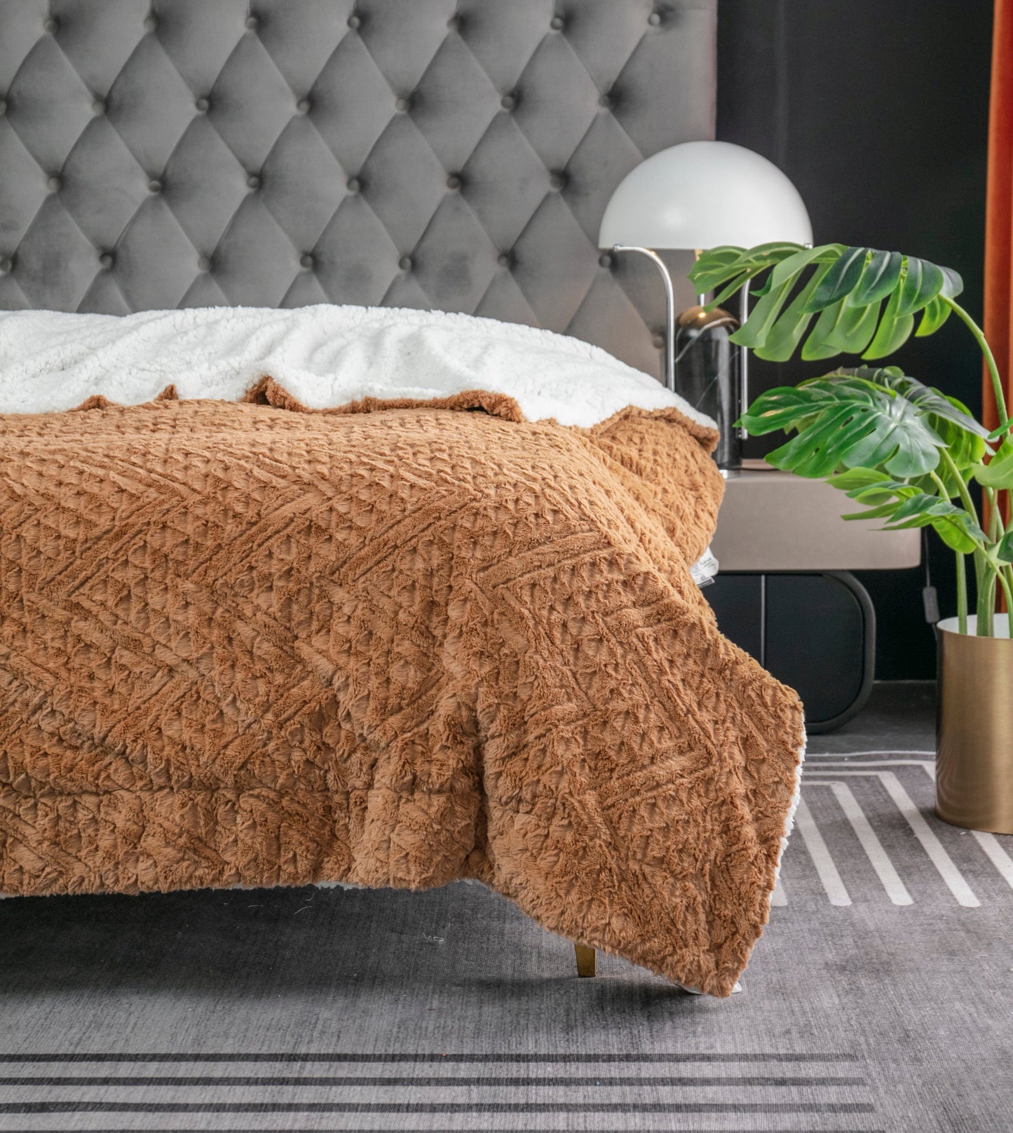 Tache Caramel Brown Faux Fur Throw Blanket Chevron Geometric Embossed (#10)