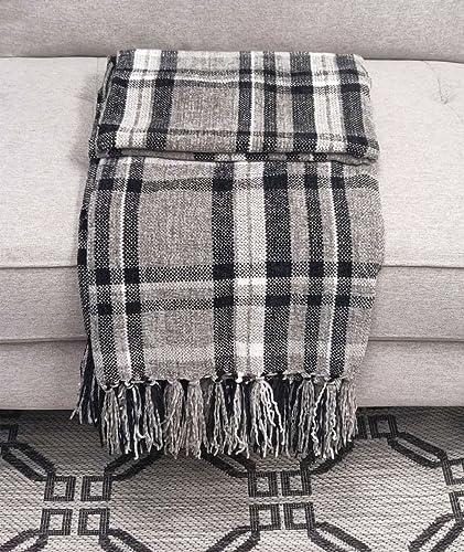 Fennco Styles Chenille Woven Plaid Tassel Throw Blanket 50" W x 60" L - Grey Soft Blanket for Bed, Couch, Sofa, Home, Office and Holidays Décor