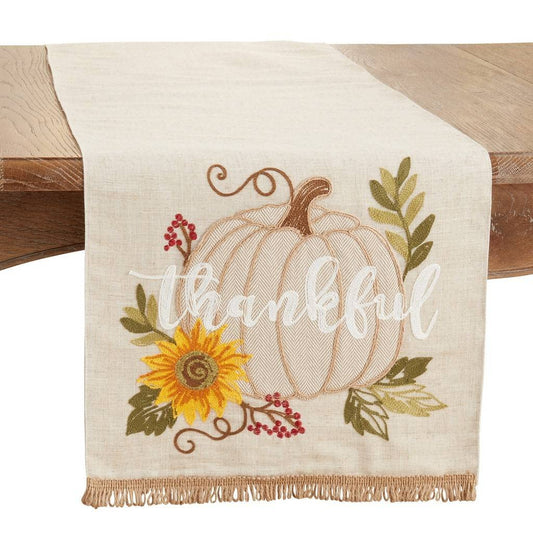 Fennco Styles Thankful Pumpkin Design Linen Blend Table Runner 16" W X 70" L - Natural Holiday Table Cover for Home Décor, Thanksgiving, Banquets, Family Gatherings and Special Occasions