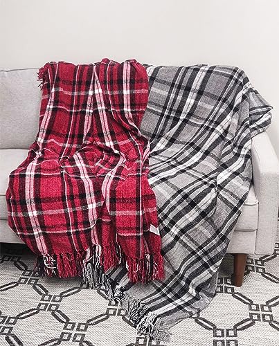 Fennco Styles Chenille Woven Plaid Tassel Throw Blanket 50" W x 60" L - Grey Soft Blanket for Bed, Couch, Sofa, Home, Office and Holidays Décor