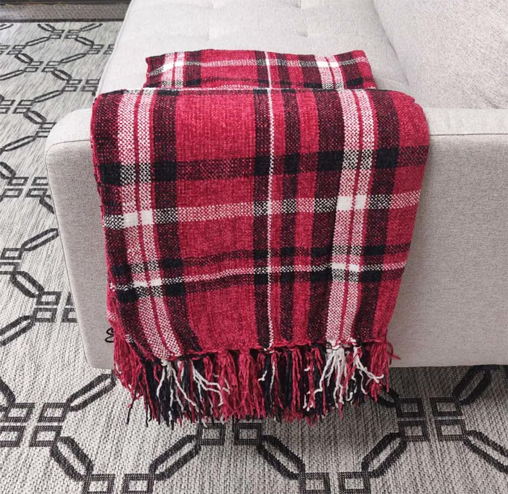 Fennco Styles Chenille Woven Plaid Tassel Throw Blanket 50" W x 60" L - Grey Soft Blanket for Bed, Couch, Sofa, Home, Office and Holidays Décor