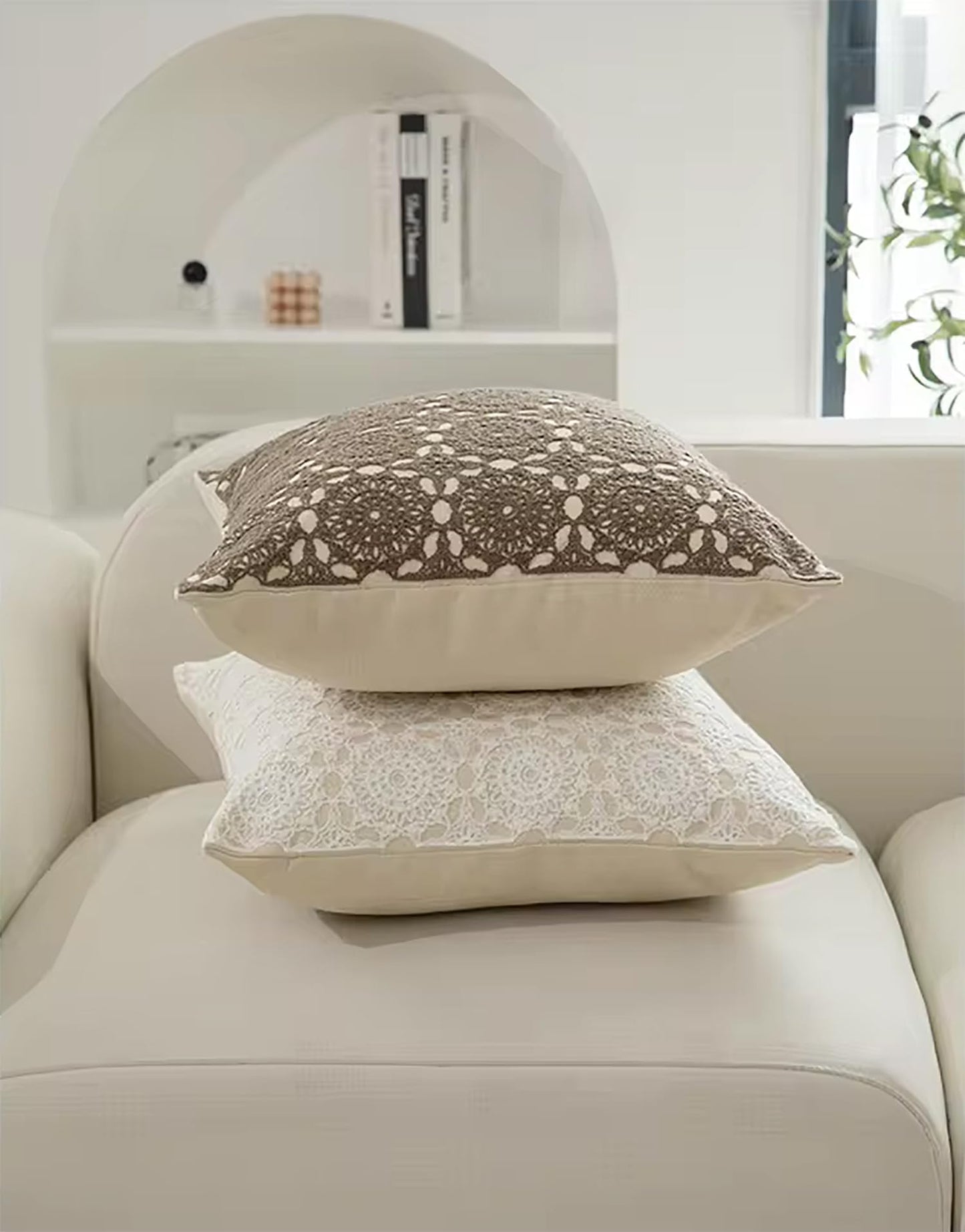 Fennco Styles Embroidered Lace Floral Decorative Filled Lumbar Throw Pillow 12" W X 20" L – White Kaleidoscope Cushion for Couch, Sofa, Bedroom, Office and Living Room Décor