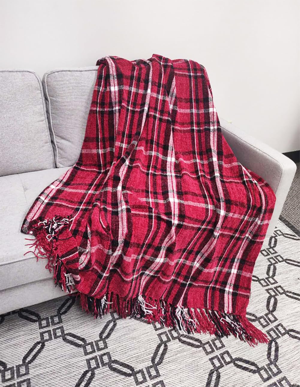Fennco Styles Chenille Woven Plaid Tassel Throw Blanket 50" W x 60" L - Grey Soft Blanket for Bed, Couch, Sofa, Home, Office and Holidays Décor