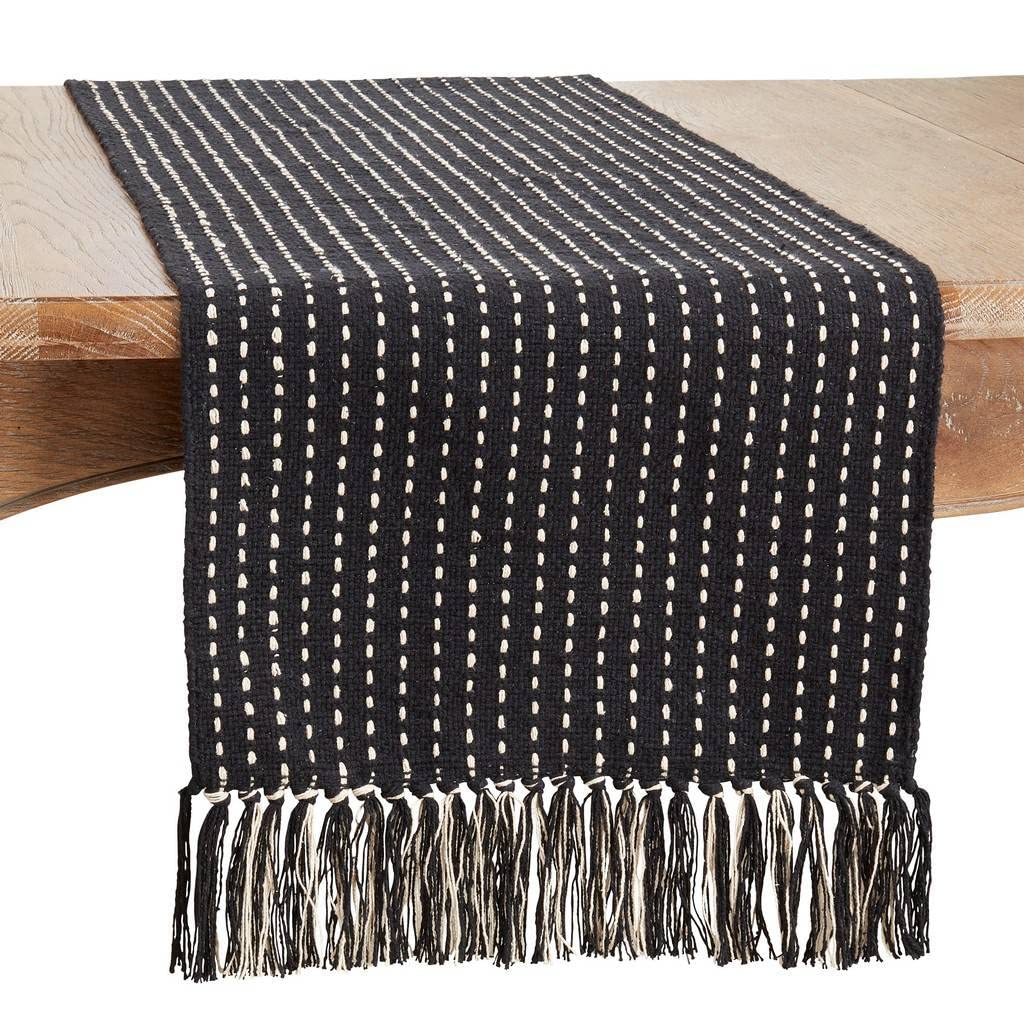 Fennco Styles Stitched Design Tassel Cotton Table Runner 16" W X 72" L - Black Woven Table Cover for Home, Dining Table, Banquets, Thanksgiving, Christmas, Holidays and Special Occasion