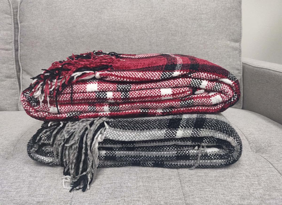 Fennco Styles Chenille Woven Plaid Tassel Throw Blanket 50" W x 60" L - Grey Soft Blanket for Bed, Couch, Sofa, Home, Office and Holidays Décor