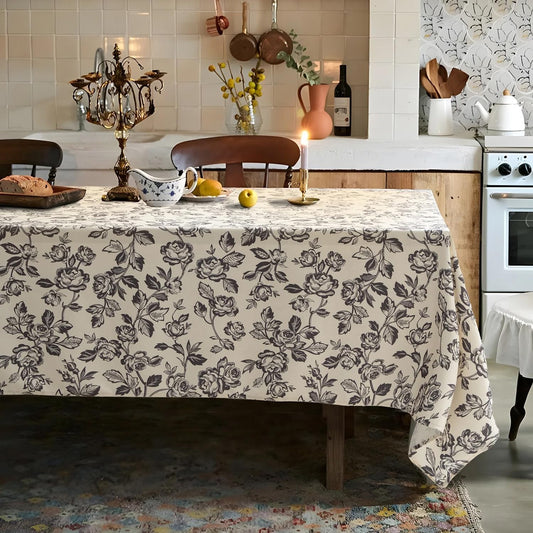 Fennco Styles Vintage Black Rose Print Tablecloth – 56" W X 88" L Floral Print Elegant Table Cover for Kitchen, Dining Room, Wedding, or Holiday Décor
