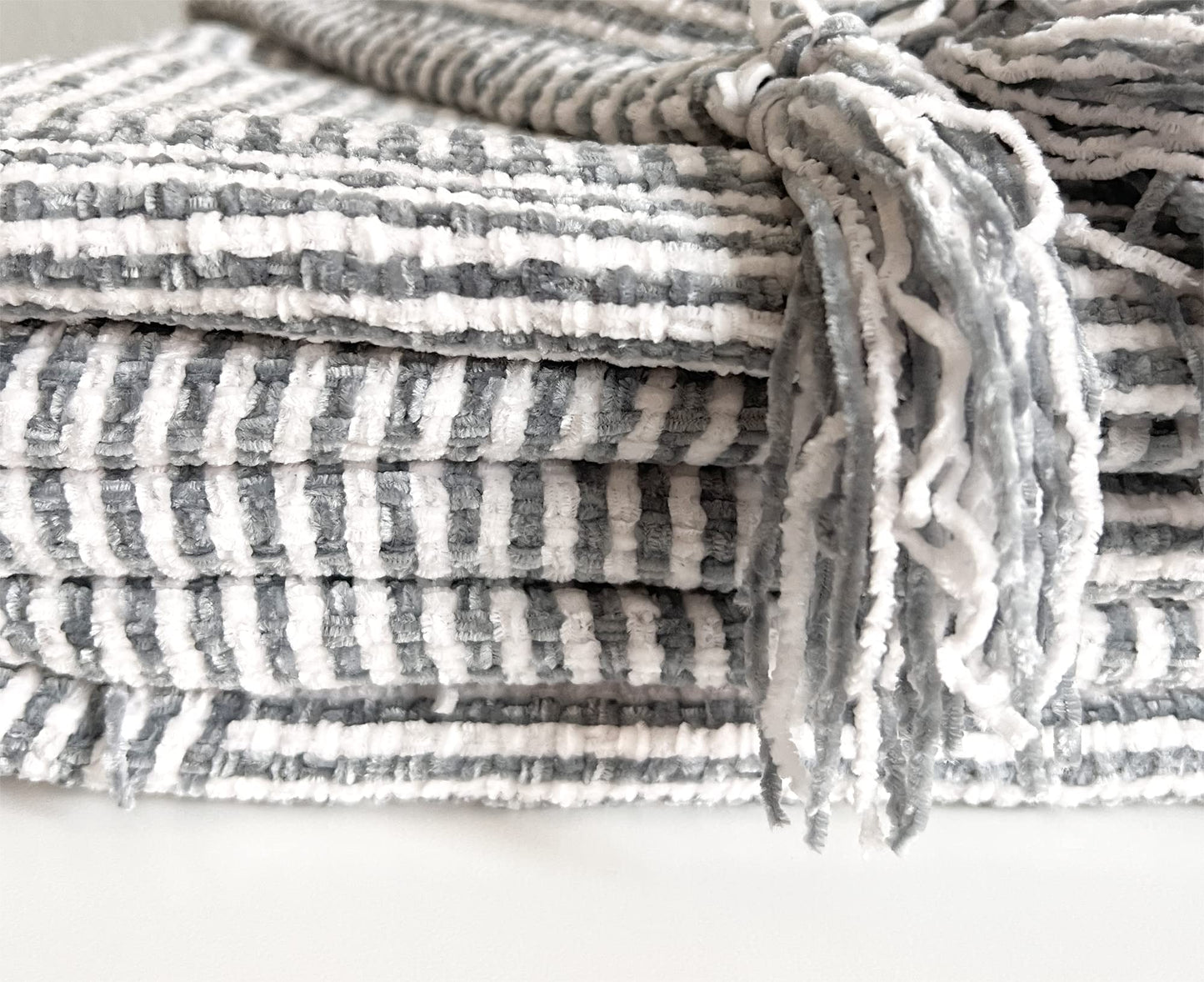 Fennco Styles Chenille Woven Striped Tassel Throw Blanket 50" W x 60" L - Grey Soft Blanket for Bed, Couch, Sofa, Home, Office and Holidays Décor