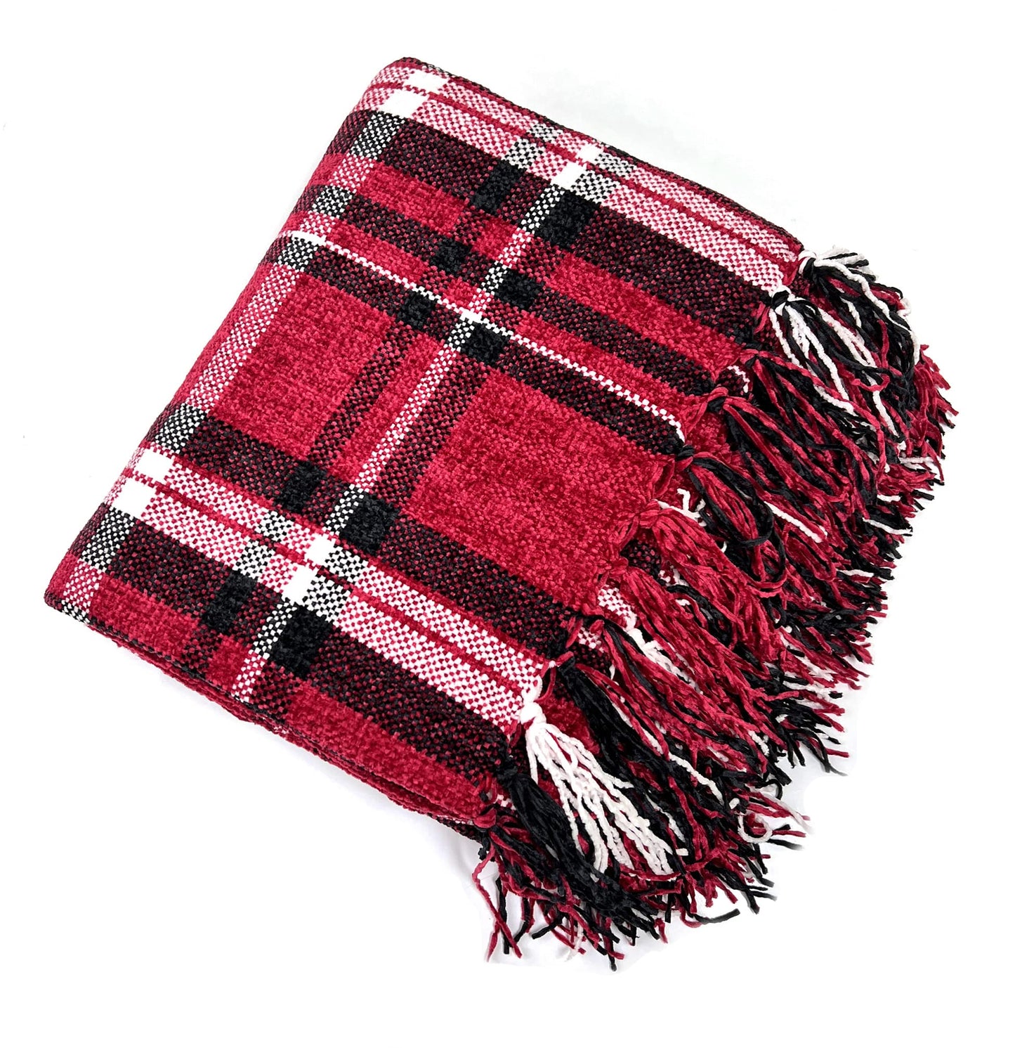 Fennco Styles Chenille Woven Plaid Tassel Throw Blanket 50" W x 60" L - Grey Soft Blanket for Bed, Couch, Sofa, Home, Office and Holidays Décor