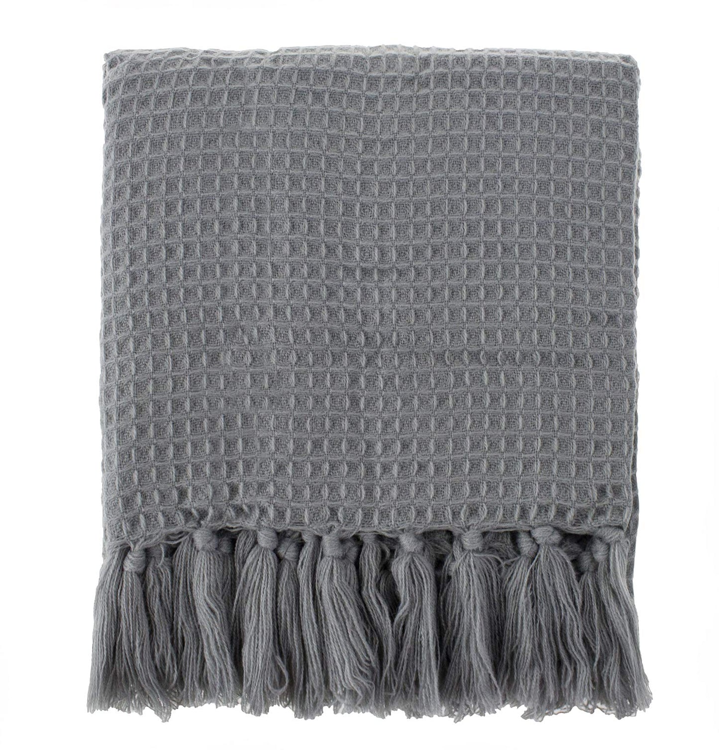 Fennco Styles Classic Waffle Weave Tassel Trim 50 x 60 Inch Throw - Grey Throw Blanket for Couch, Bedroom and Living Room Décor
