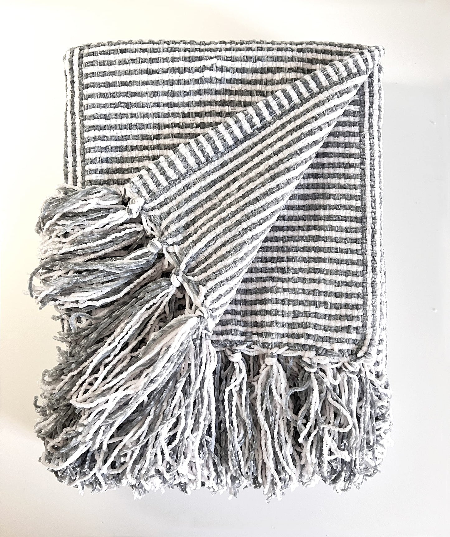 Fennco Styles Chenille Woven Striped Tassel Throw Blanket 50" W x 60" L - Grey Soft Blanket for Bed, Couch, Sofa, Home, Office and Holidays Décor