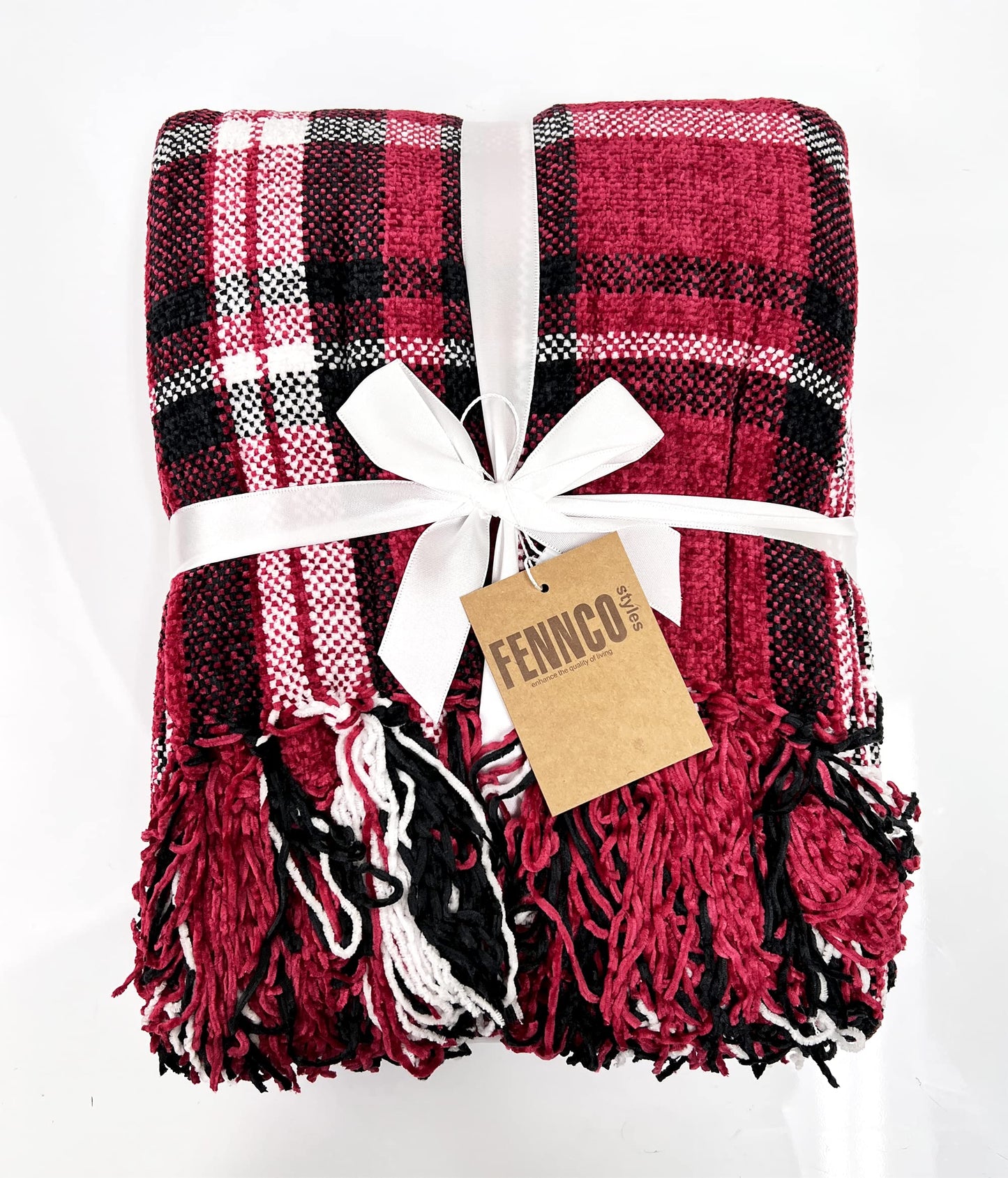 Fennco Styles Chenille Woven Plaid Tassel Throw Blanket 50" W x 60" L - Grey Soft Blanket for Bed, Couch, Sofa, Home, Office and Holidays Décor