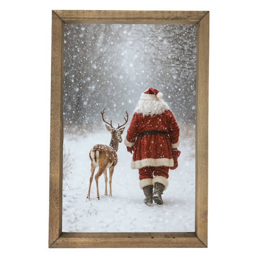 Santa Walking with Deer Framed Art